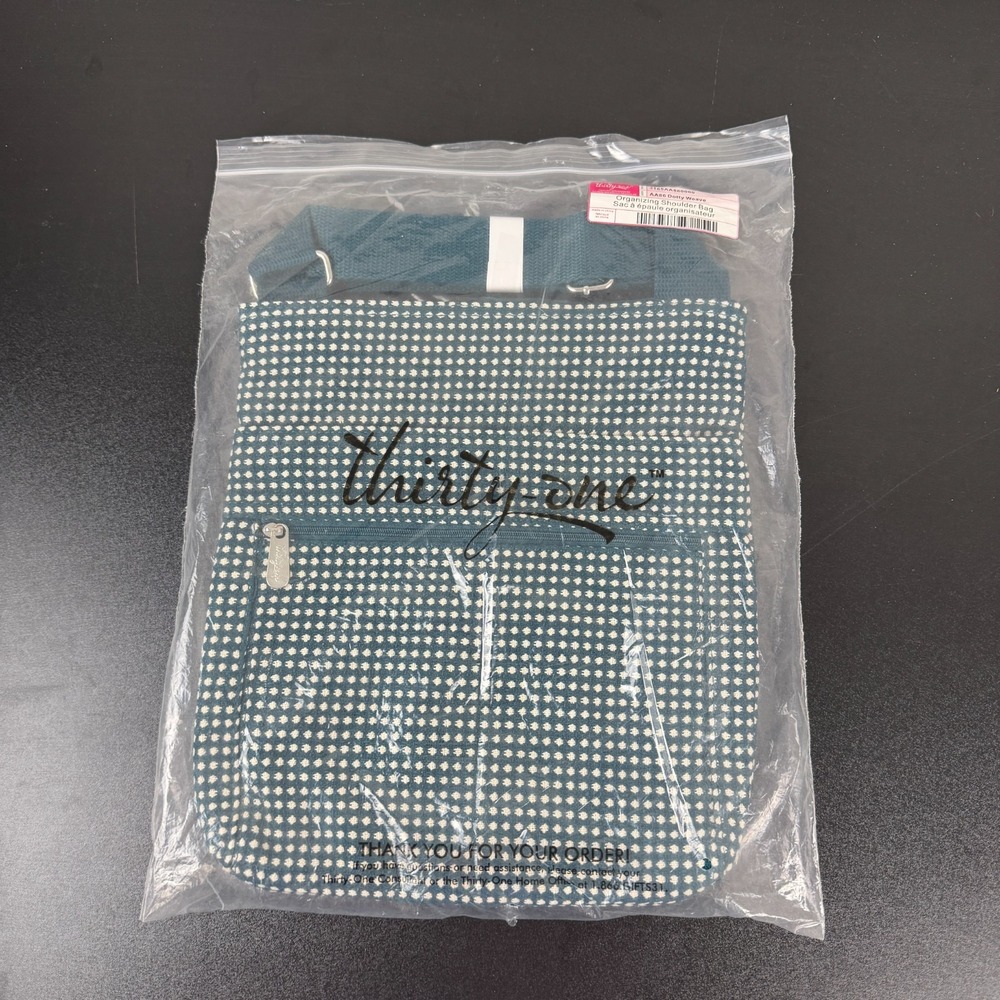 Thirty-One Organizing Shoulder Bag Women's Teal Dotty Weave Canvas Front Pocket